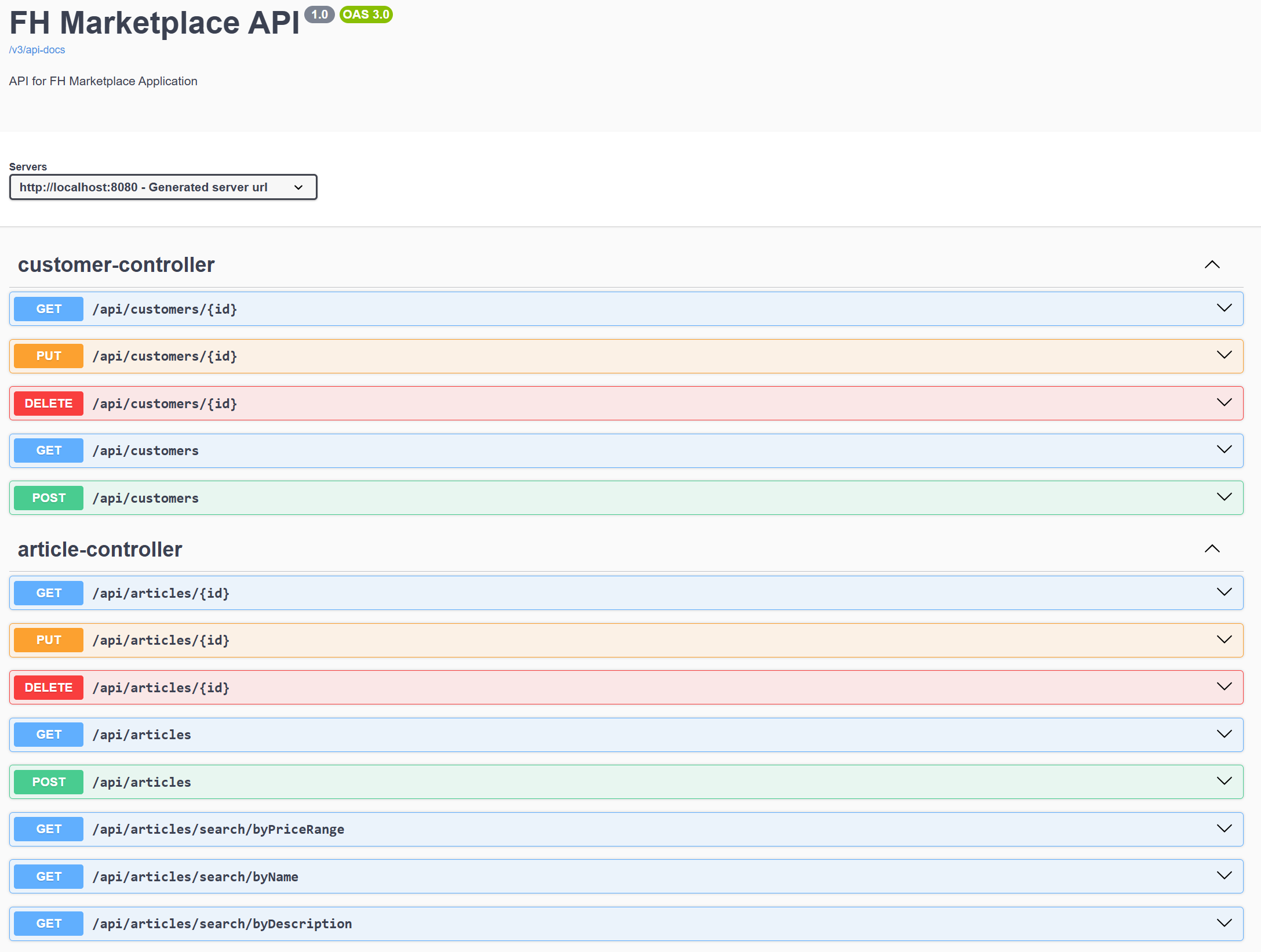 Swagger UI representation of the Controller endpoints