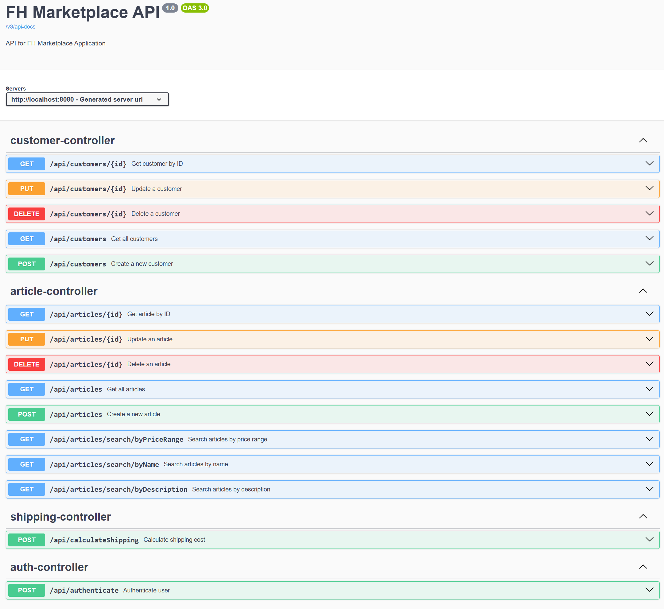 Swagger UI representation of the Controller endpoints with annotations